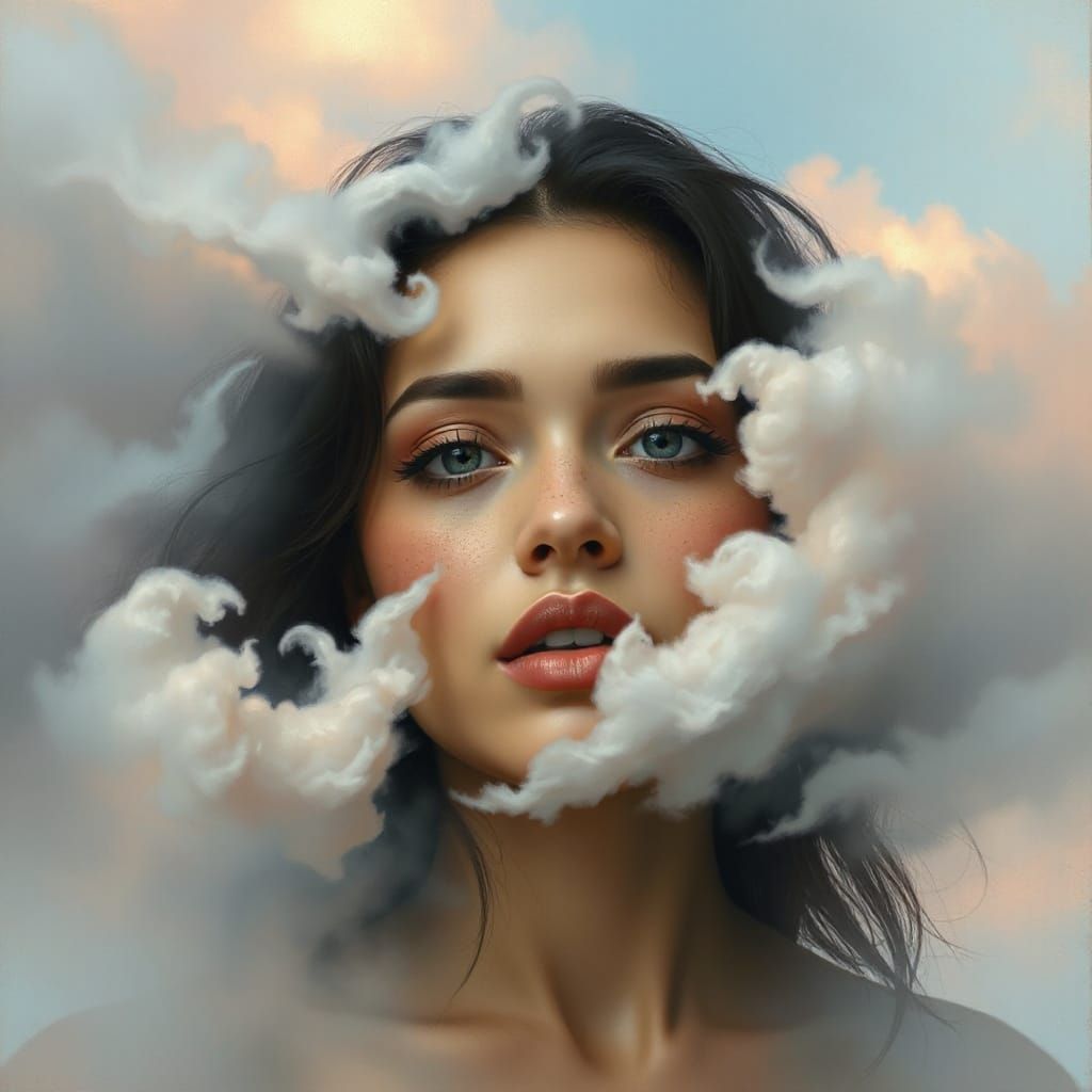 Ethereal Woman Portrait with Clouds in Airbrush Style