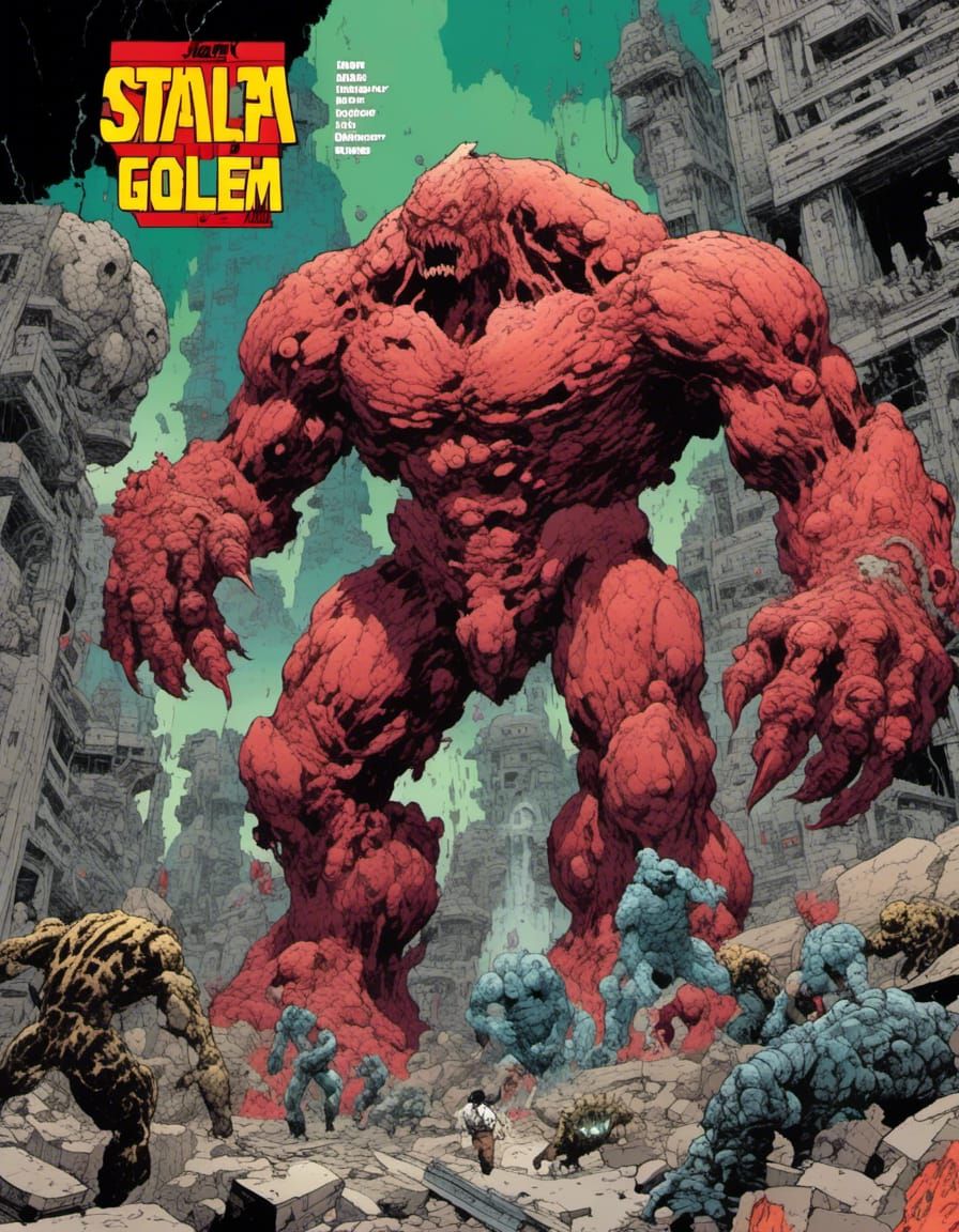 Stone Golem Kaiju Destruction in Comic Book Style