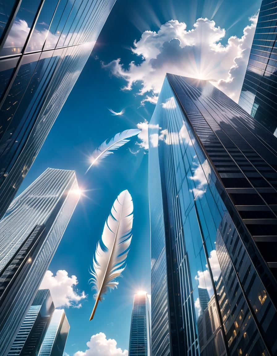 Feather Floating Past Skyscraper Reflecting Clouds
