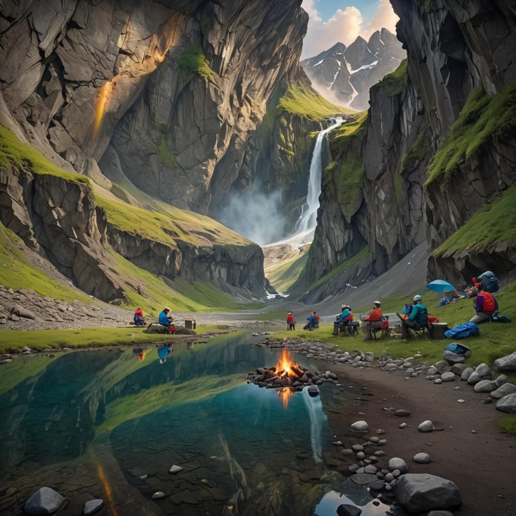Campers by Glacial Lake in Alaskan Cave