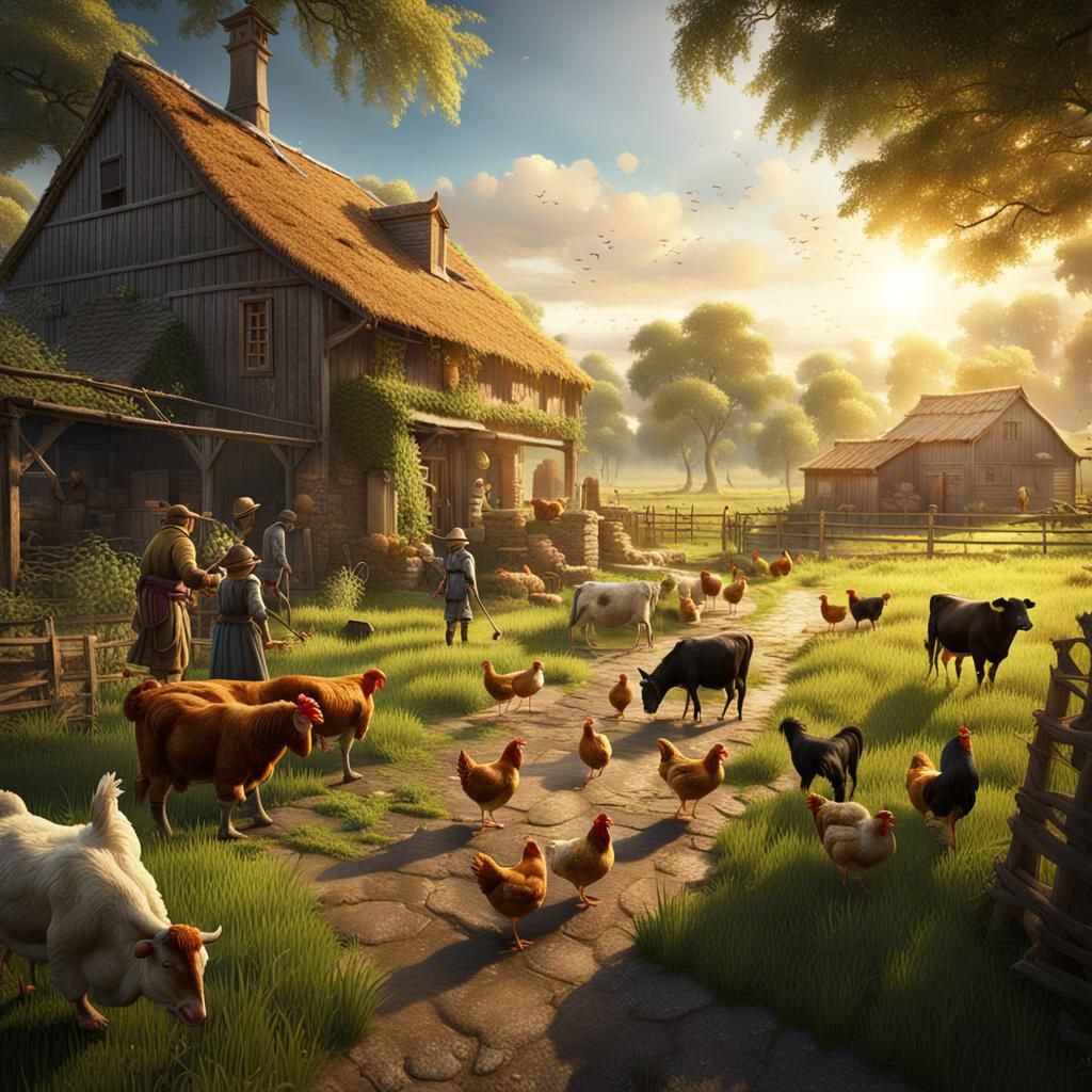 Idyllic Farmyard Scene in Detailed Matte Painting