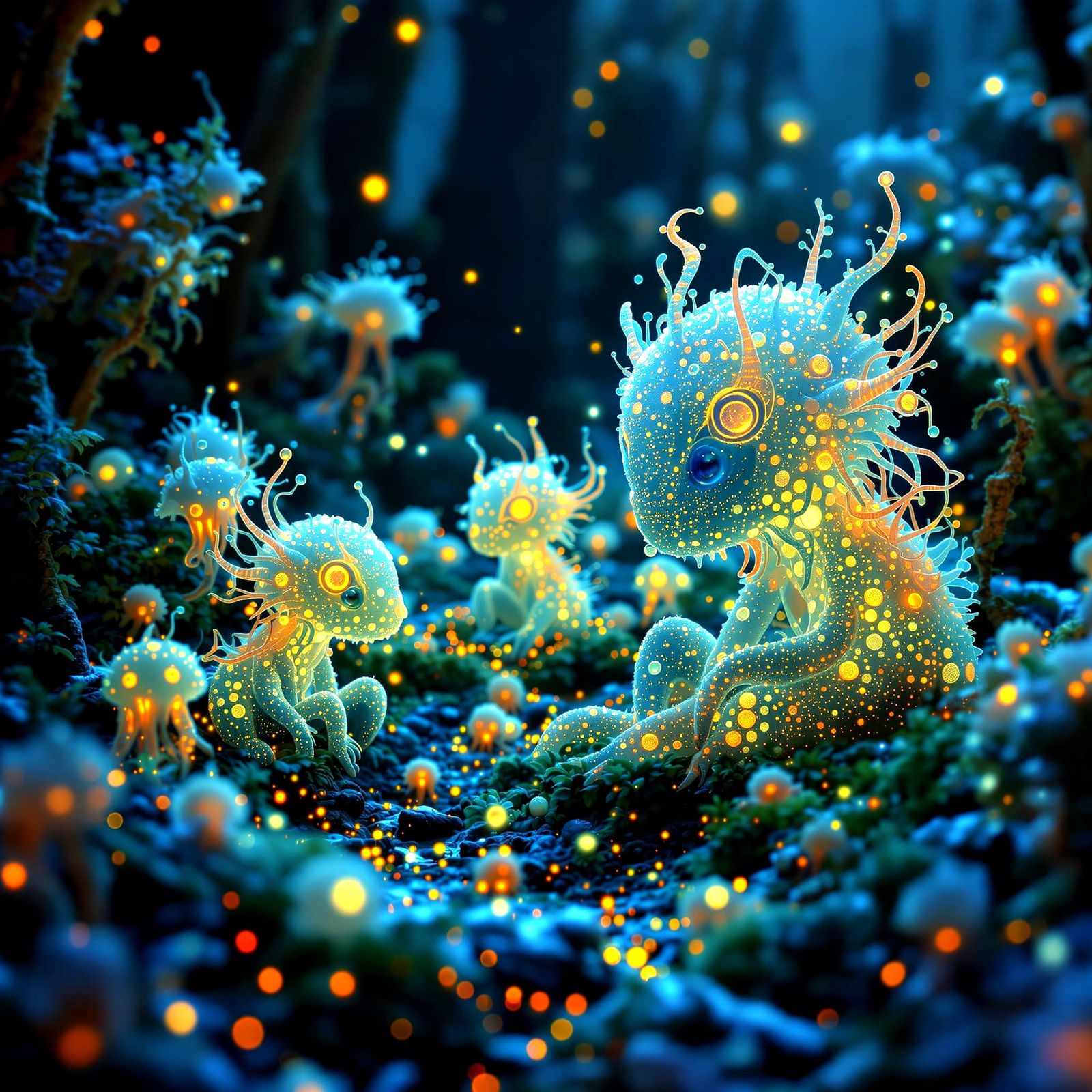 Bioluminescent Monster Babies in Intricate Forest