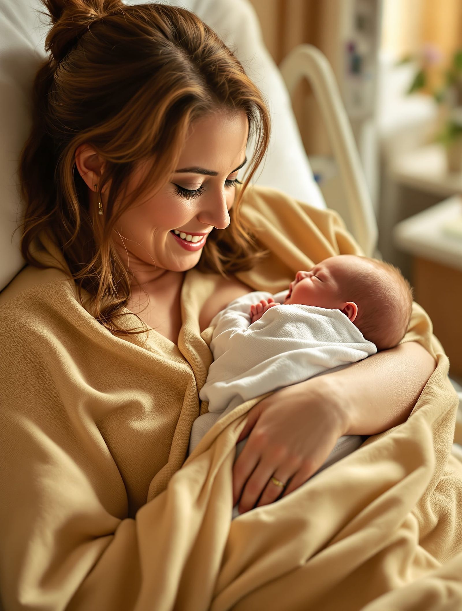 Tender Portrait of Mother Cradling Newborn with Tears