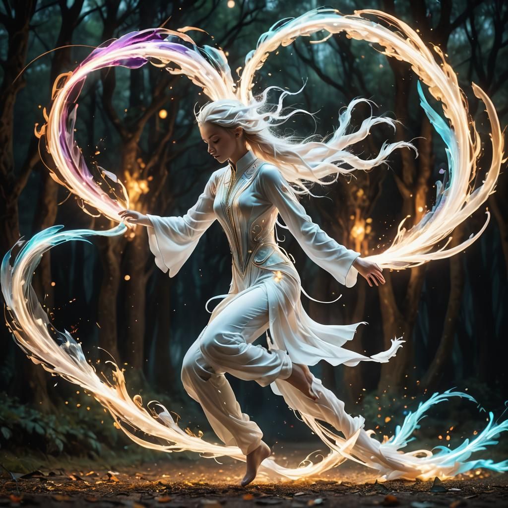 Ethereal Figure Leaping with Flowing Light and Darkness