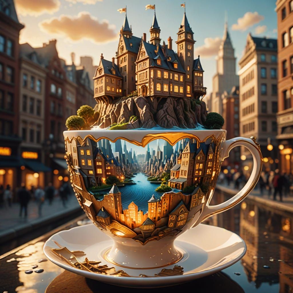 Surreal Teacup Flooding Miniature Cityscape in Golden Hour