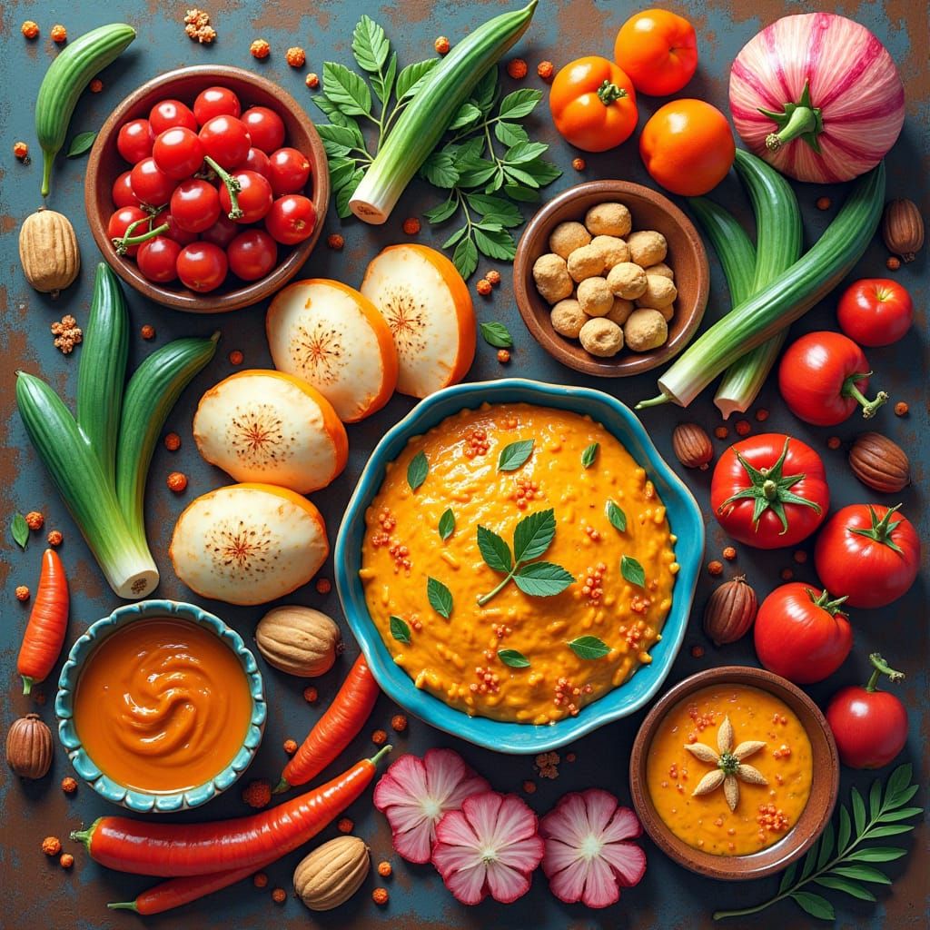Vibrant Indian Food Spread in Gouache Art Style