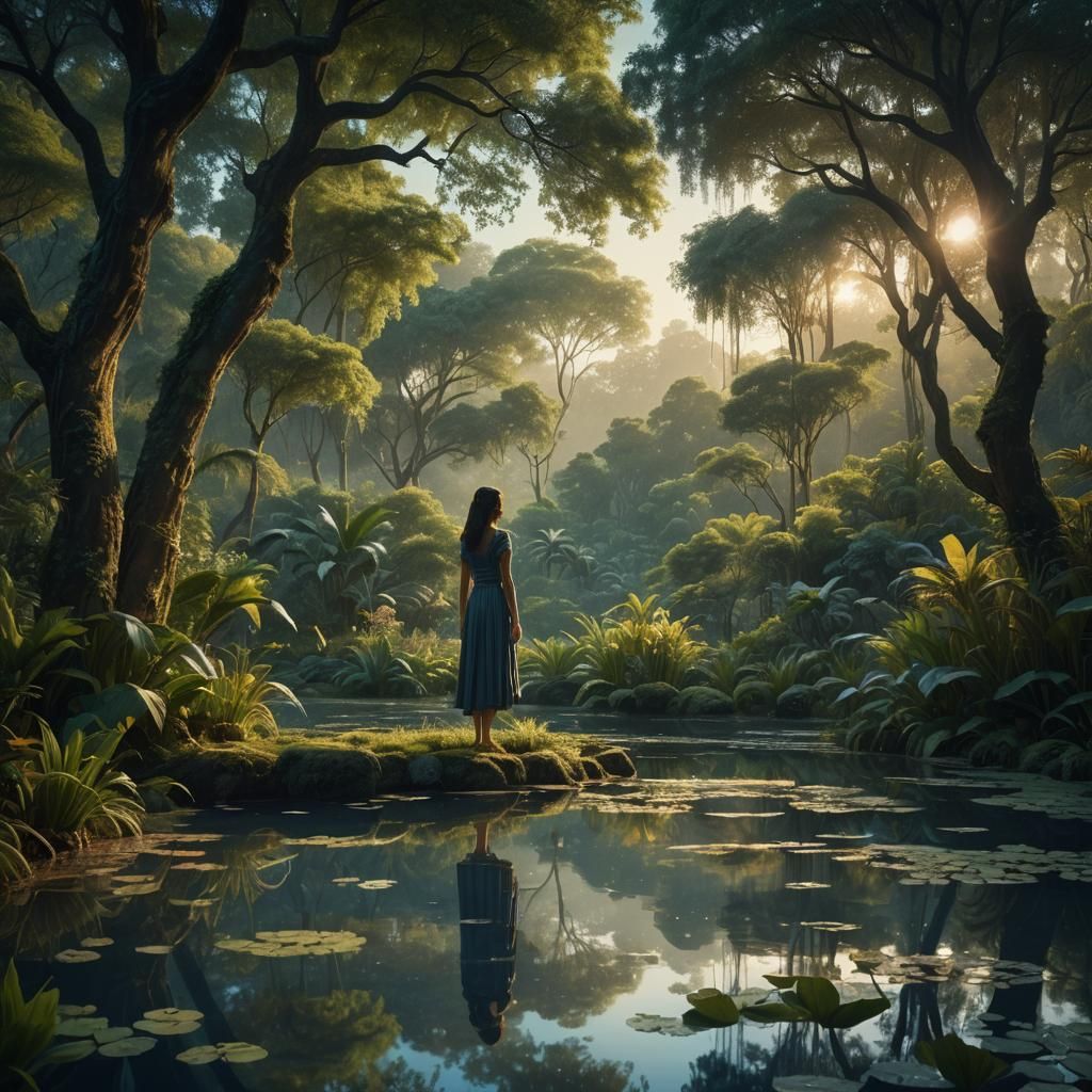 Ethereal Dawn: A Serene Figure Amidst Lush Greenery