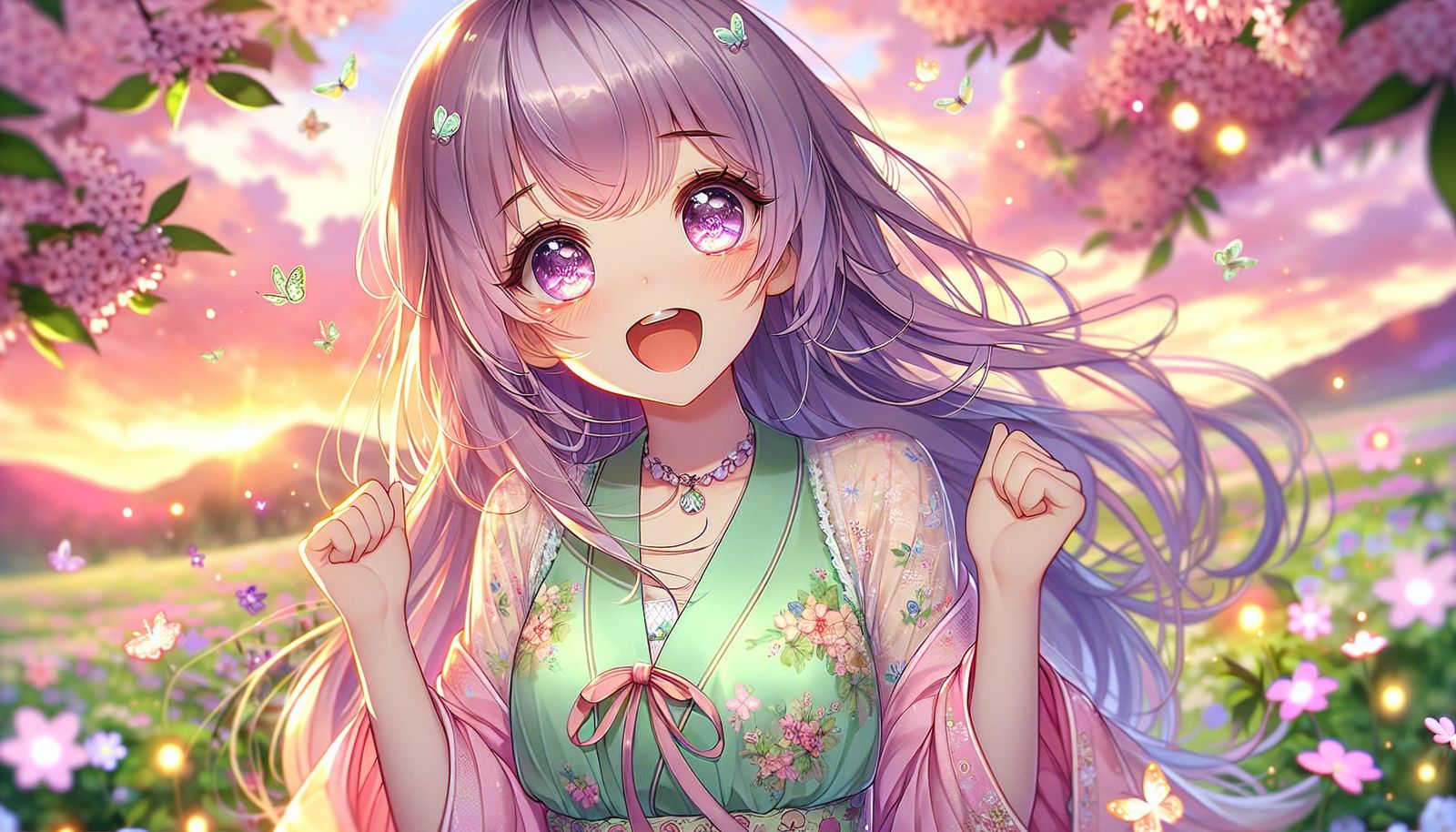 Anime Girl in Flower Field at Sunset
