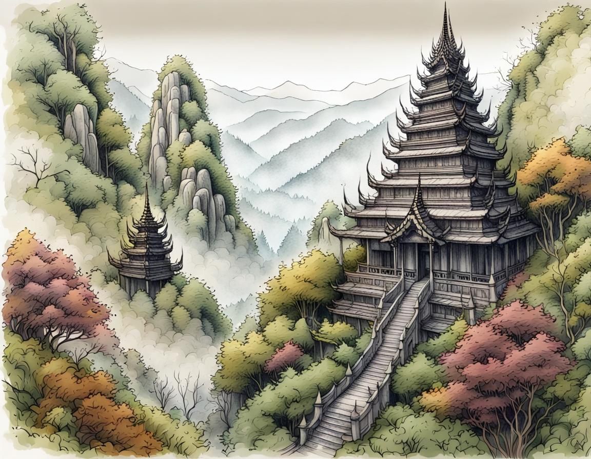 Detailed Ink Sketch of Overgrown Thai Temple