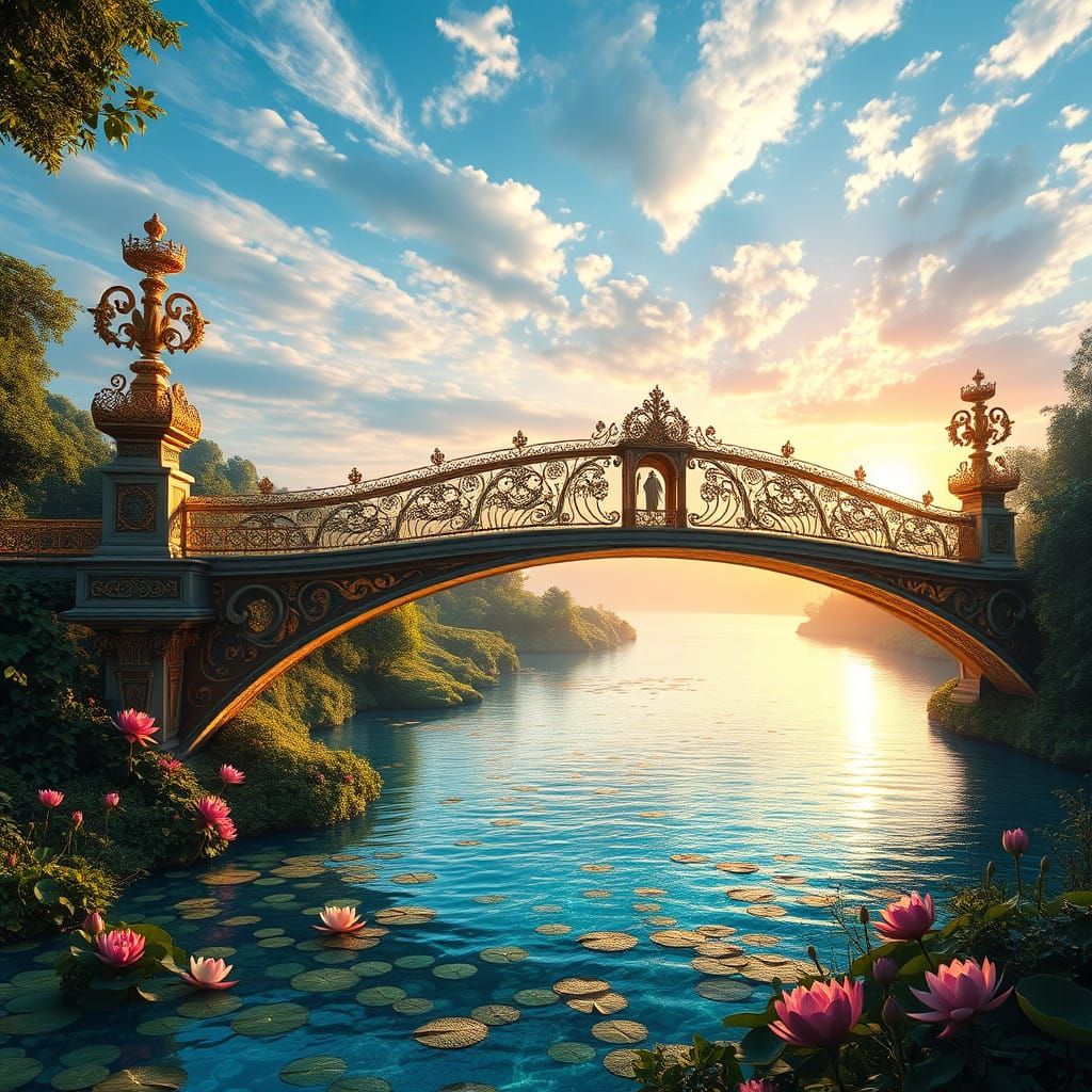 Baroque Bridge Over Crystalline River in Golden Light