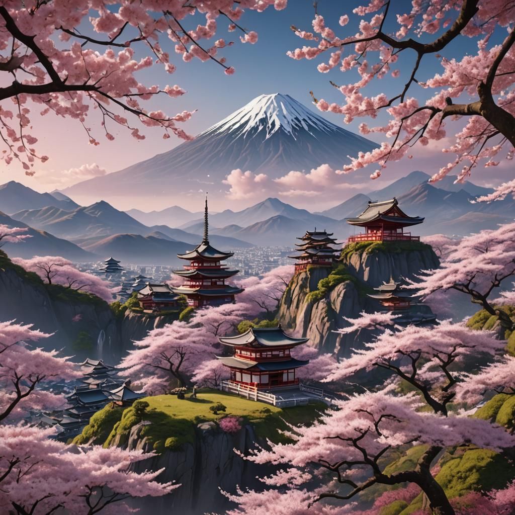 Japanese Valley with Cherry Blossoms and Temple