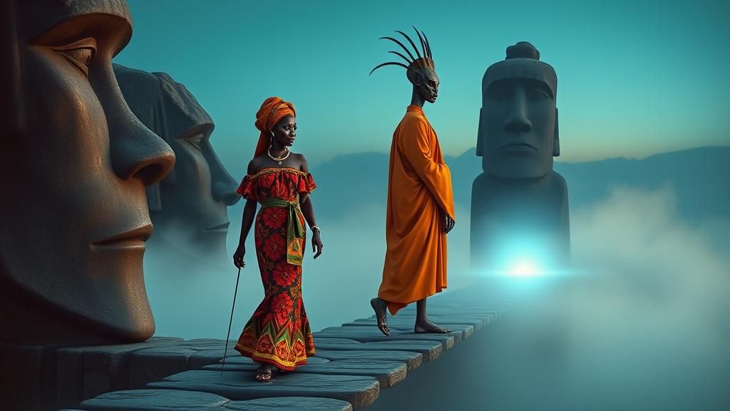 Mystical Bridge: African Woman and Alien Monk in Twilight