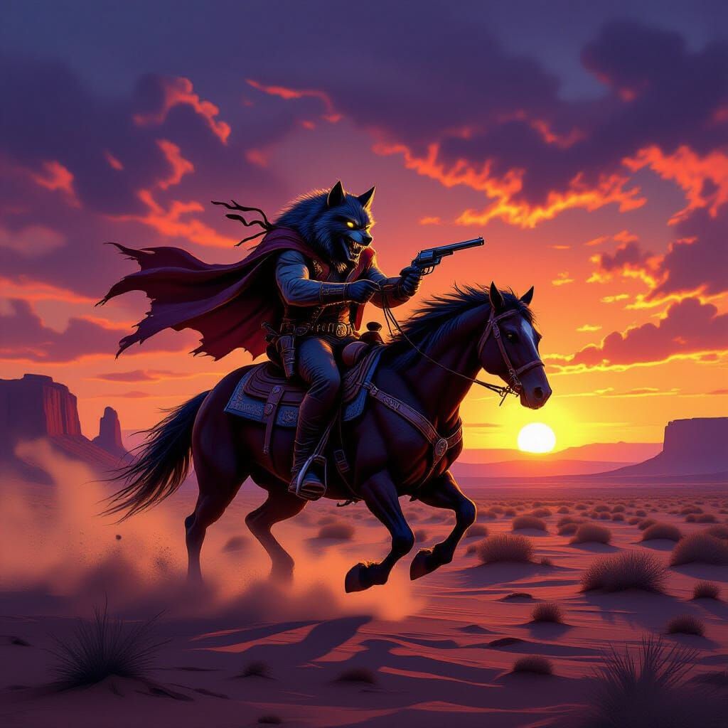 Werewolf Cowboy Rides Mustang Through Fiery Desert Dusk