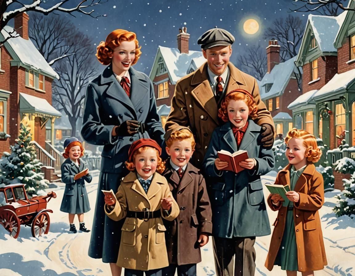 Vintage Christmas Card Carol Singers Illustration