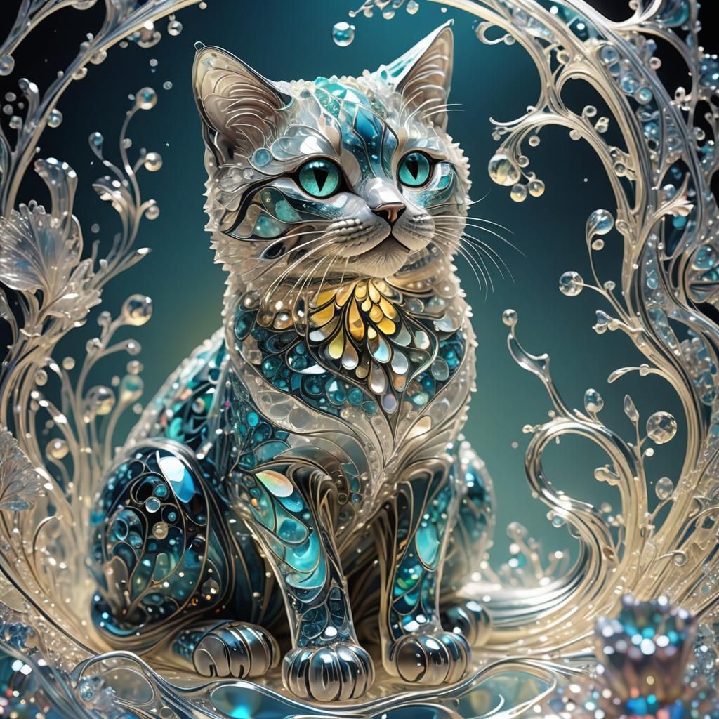 Luminous Crystal Cat Sculpture with Bioluminescent Details