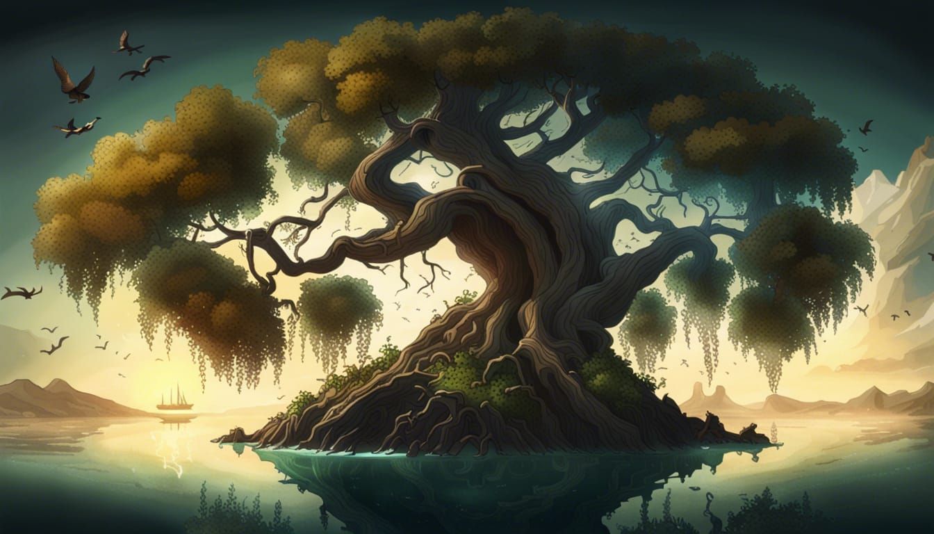 Fantasy Island With Giant Tree, Digital Art