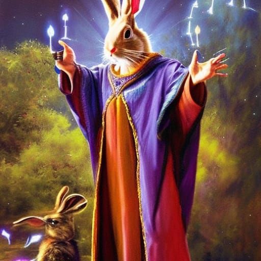 Rabbit Warlock Performing Magic in Castle, Oil Painting