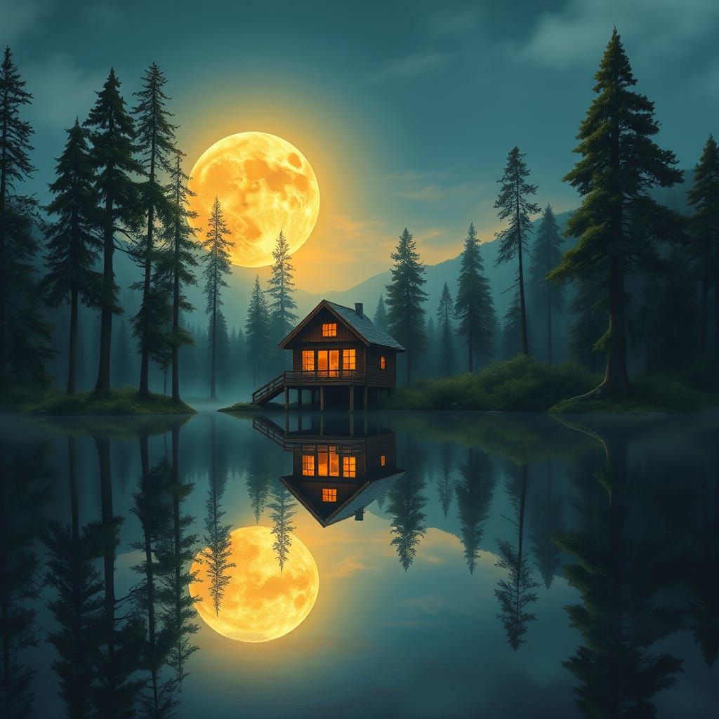 Lakeside Cabin Reflecting Under Full Moon