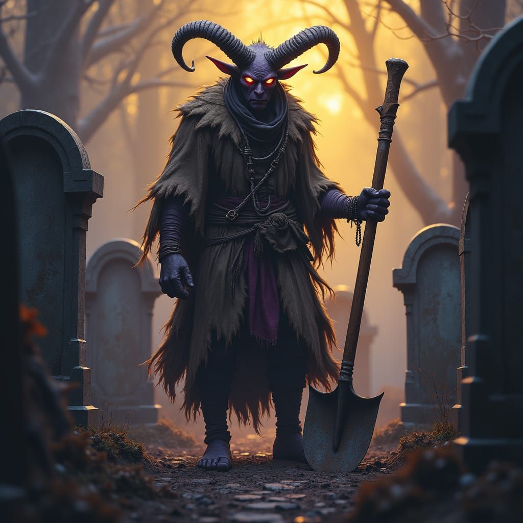 Tiefling Graveyard Keeper in a Mist-Shrouded Graveyard