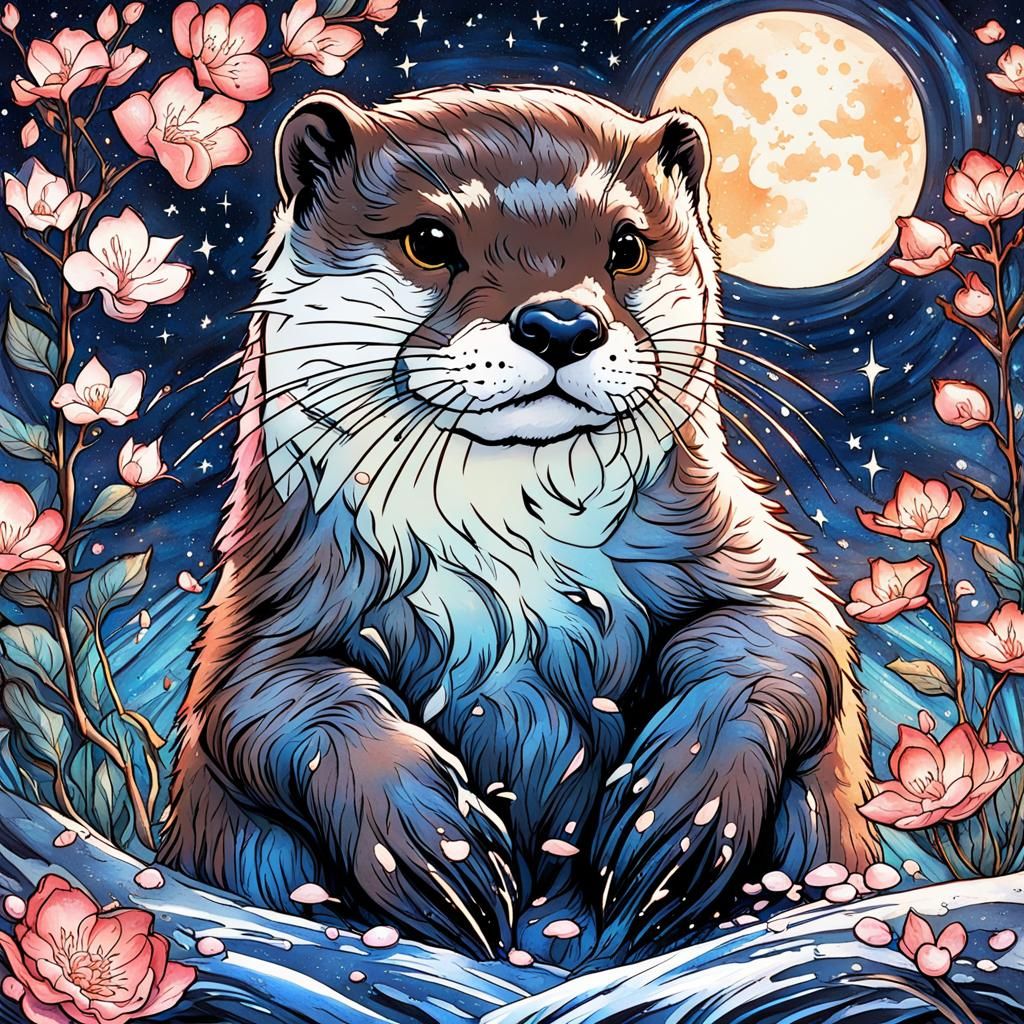 Majestic Otter with Cherry Blossoms in Gouache Style