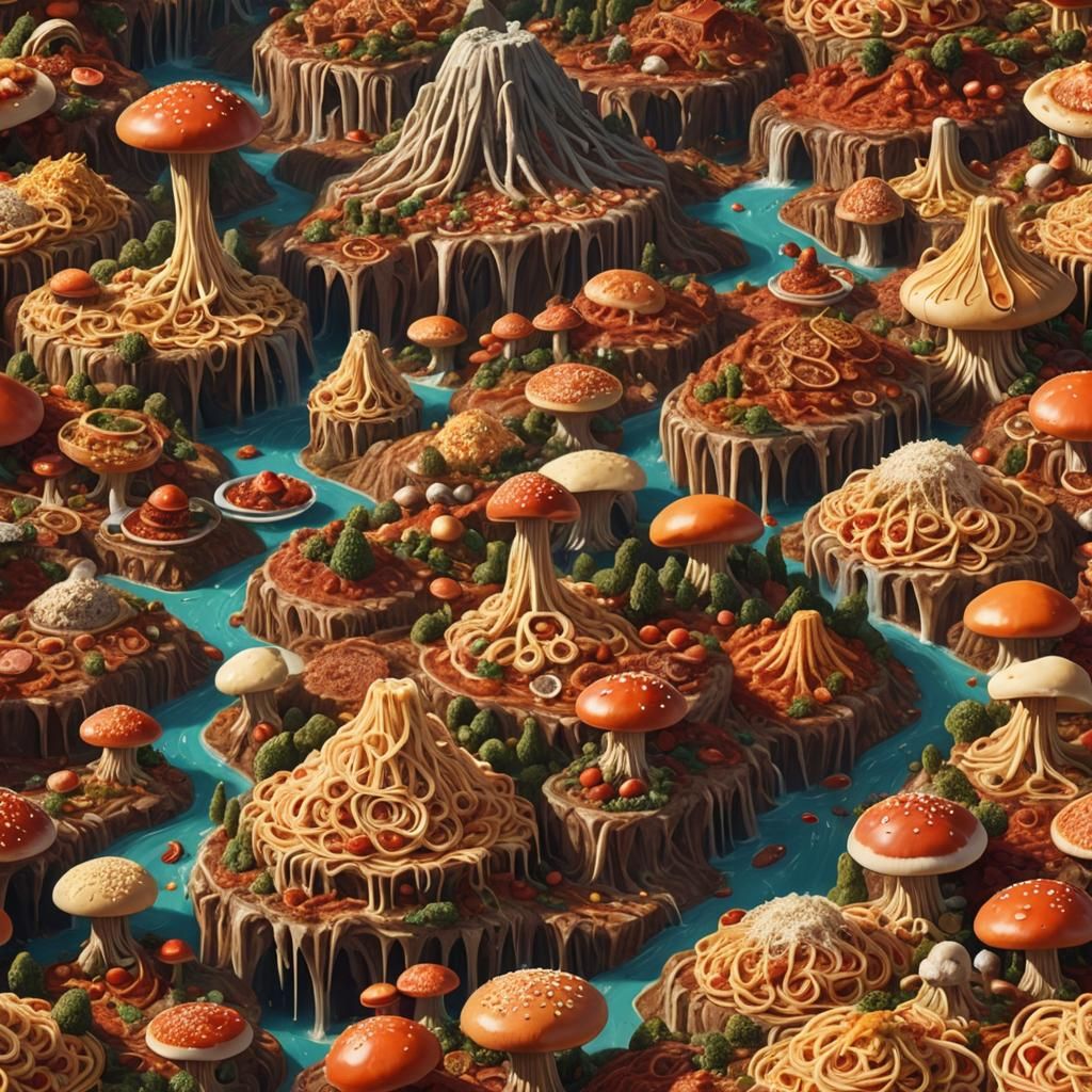 Spaghetti like mountains, reaching for the sky
Tomato sauce rivers, flowing ever so high
Cheese volcanoes erupt, with a ...