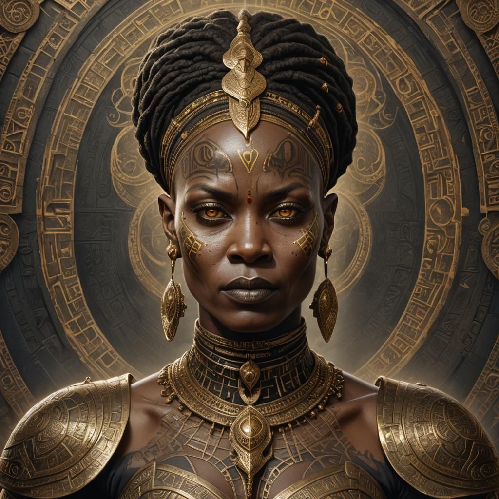 Mystical African Witch Portrait in Gold Armor