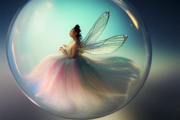 Fairy in Bubble Under Cosmic Sky: Hyperrealistic Art