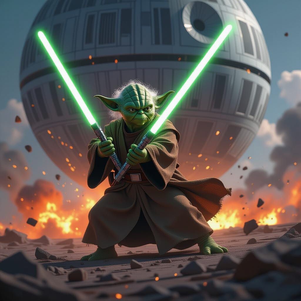 Gigantic Yoda Cuts Death Star in Photorealistic Style