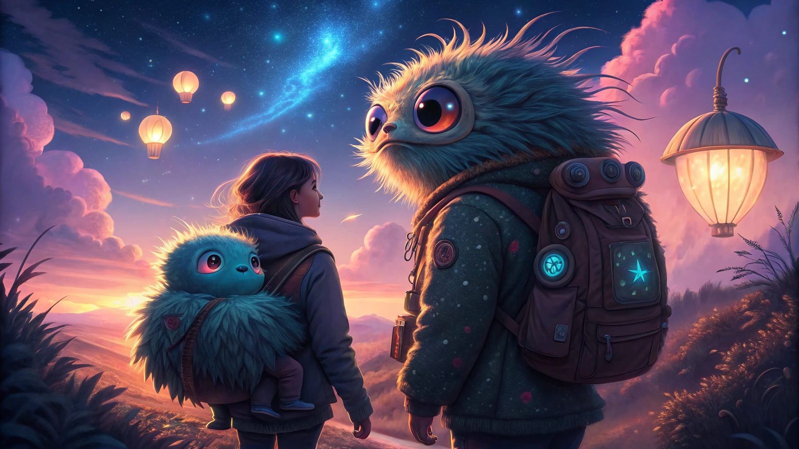 Enchanted Iridescent Couple Explore Majestic Nebulaepunk Sky...