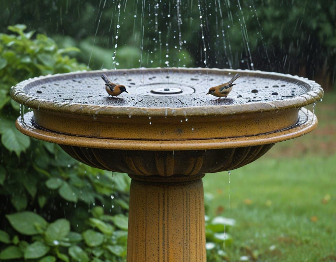 Close Up Birdbath in Heavy Rain