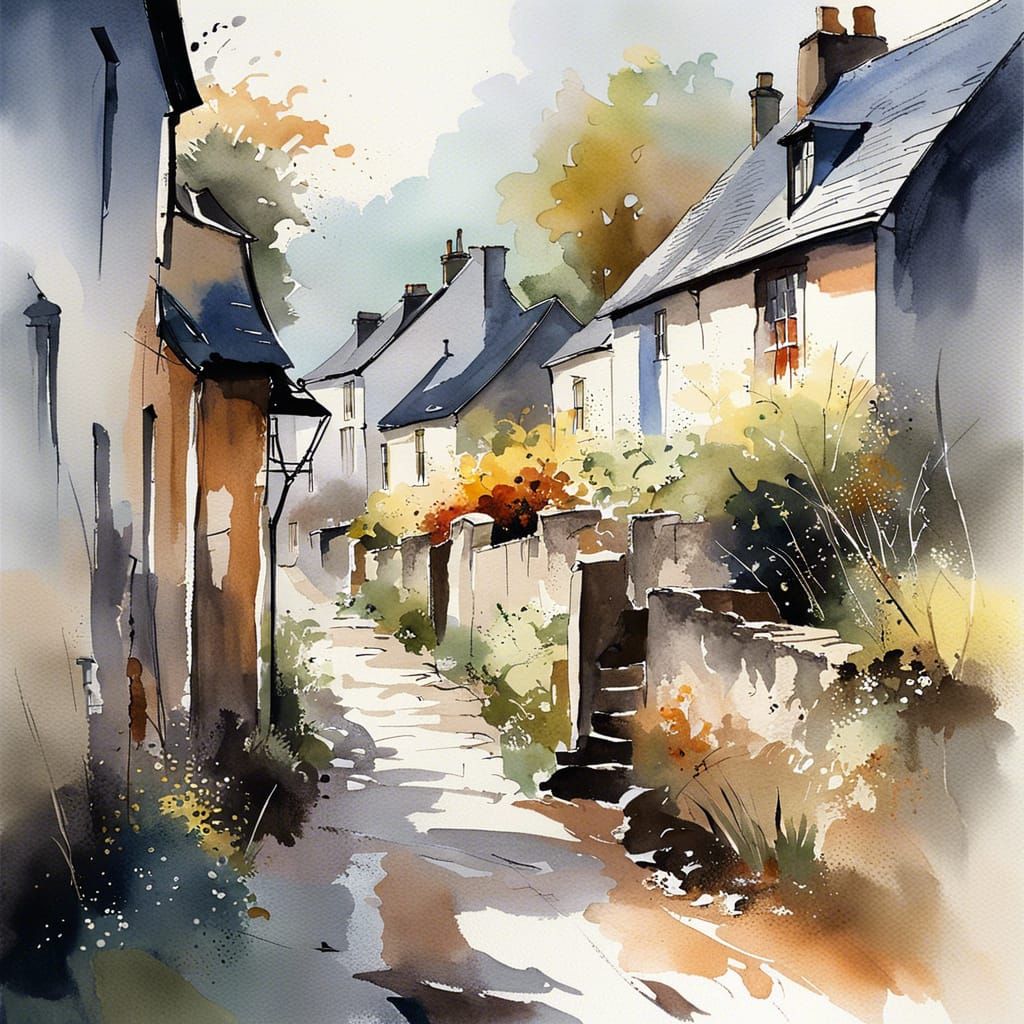 Scottish Village Watercolor Painting with Contrasting Colors