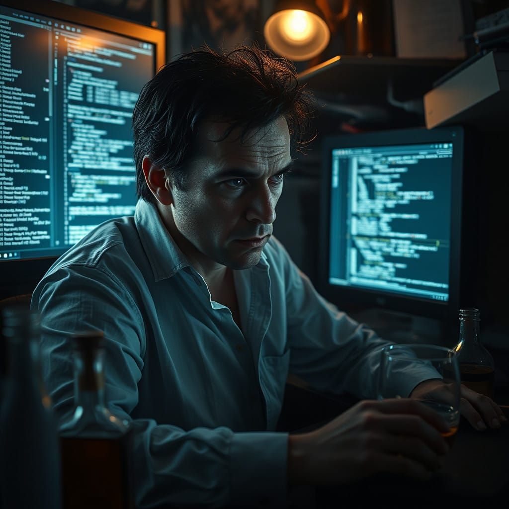 Weary Software Engineer Amidst Code and Whiskey Bottles