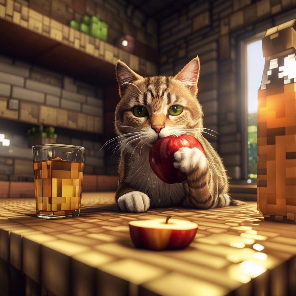 Hyperrealistic Cat Sipping Juice in Minecraft