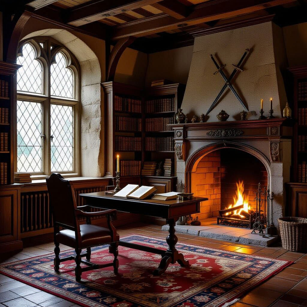 Quiet Medieval Study With Fireplace and Swords