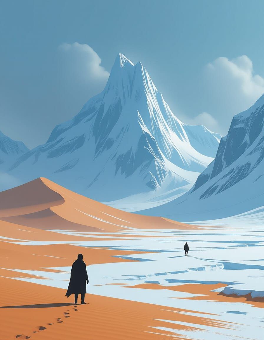 Desert vs. Ice: Dual Climate Landscape with Figures