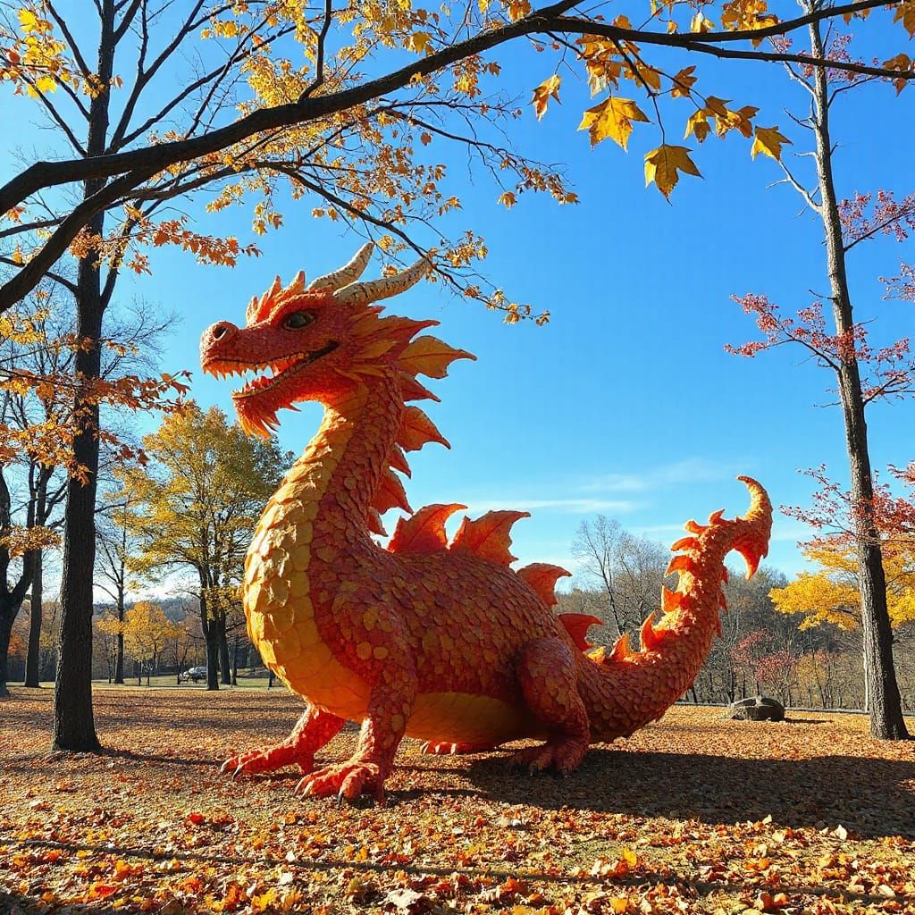 Majestic Dragon Sculpture Made of Autumn Leaves