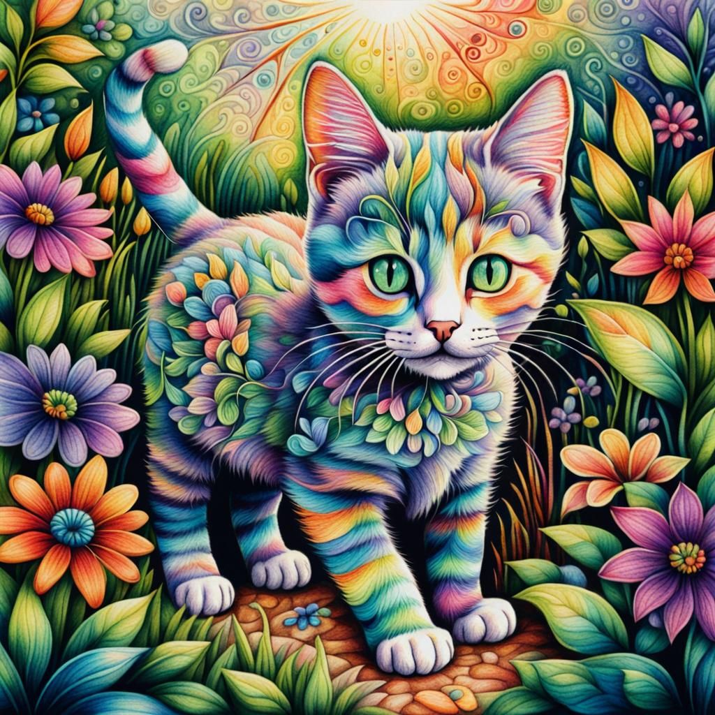 Rainbow Kitten in Garden, Colored Pencil Zentangle