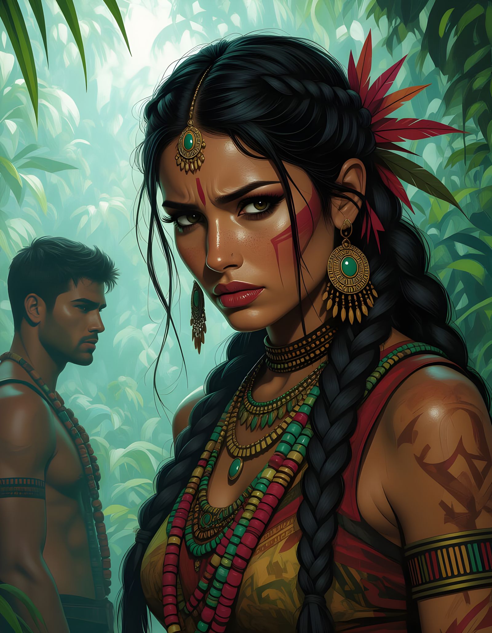 Intense Tribal Woman in Jungle, Digital Painting