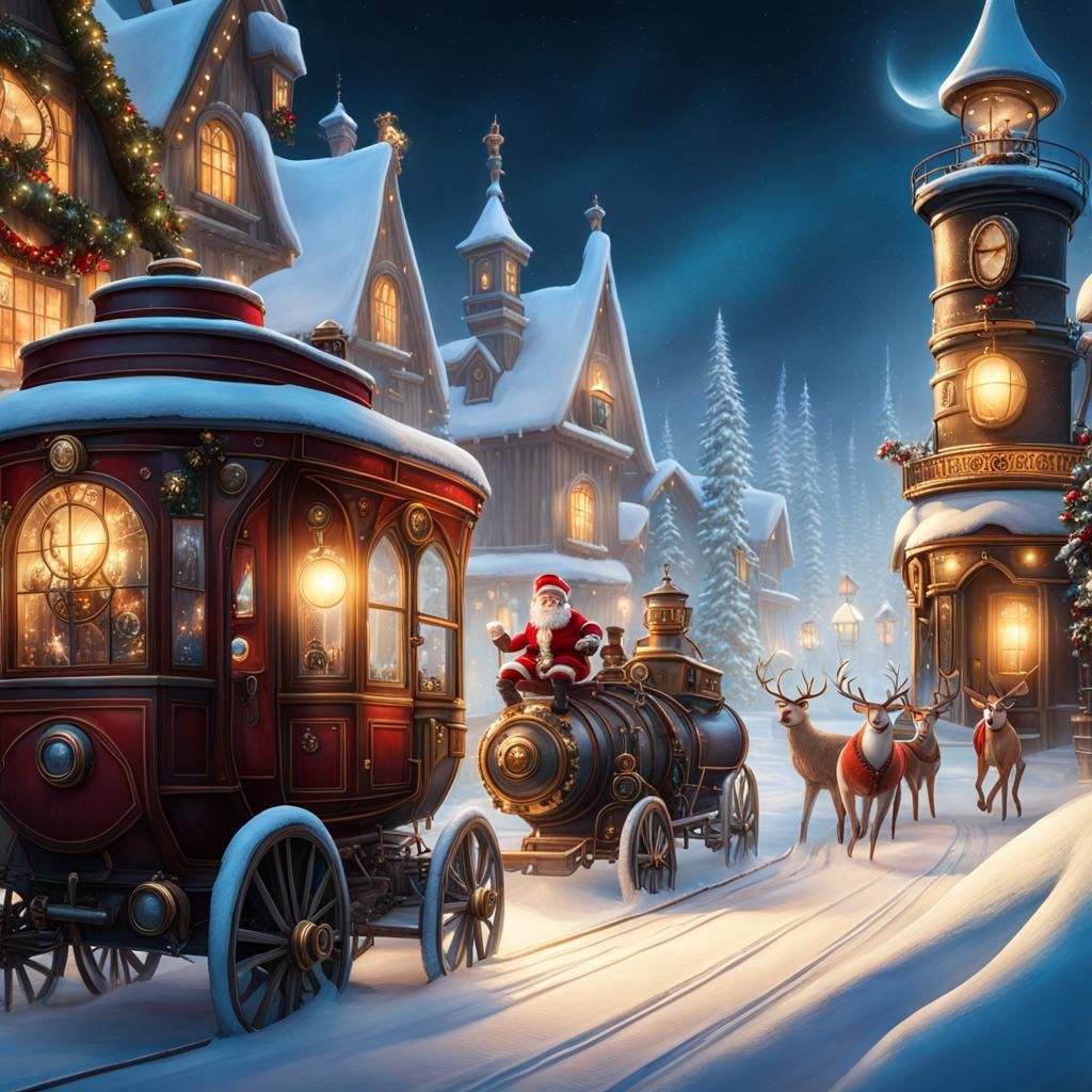 A scene in the North Pole with Santa clause steam punk express