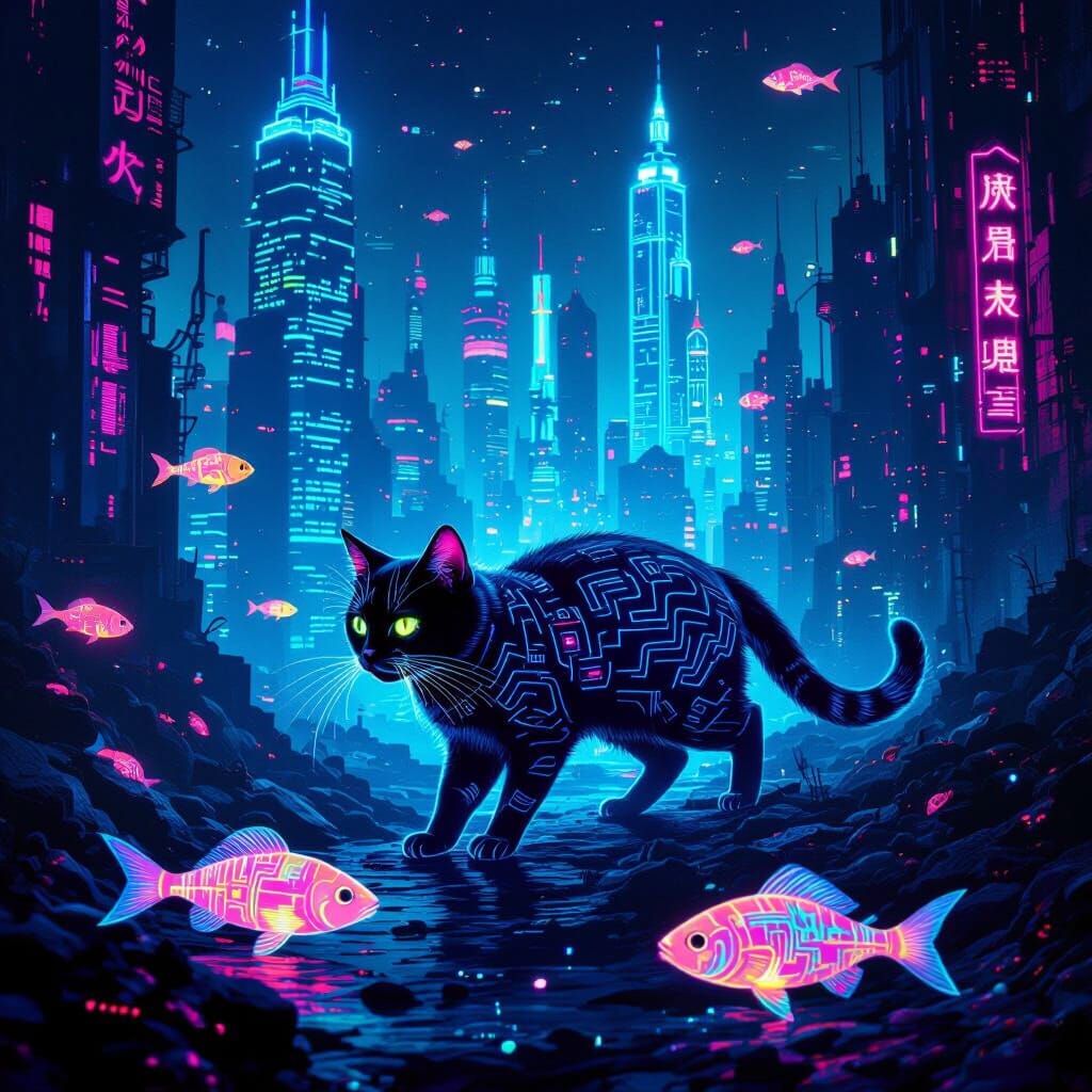 Bioluminescent Cat in Submerged Cyberpunk Ruins