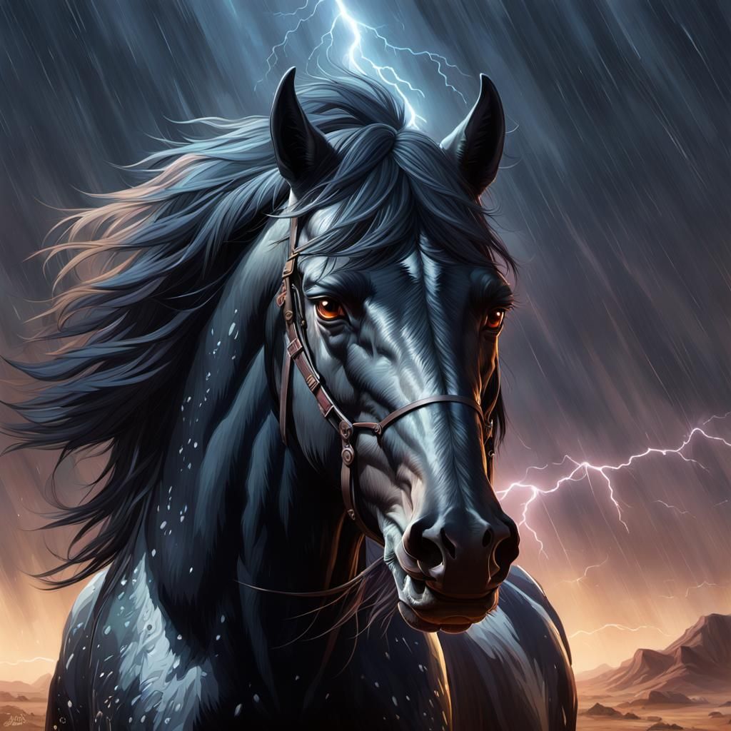Black Stallion in Desert Rain, Hyperdetailed Art