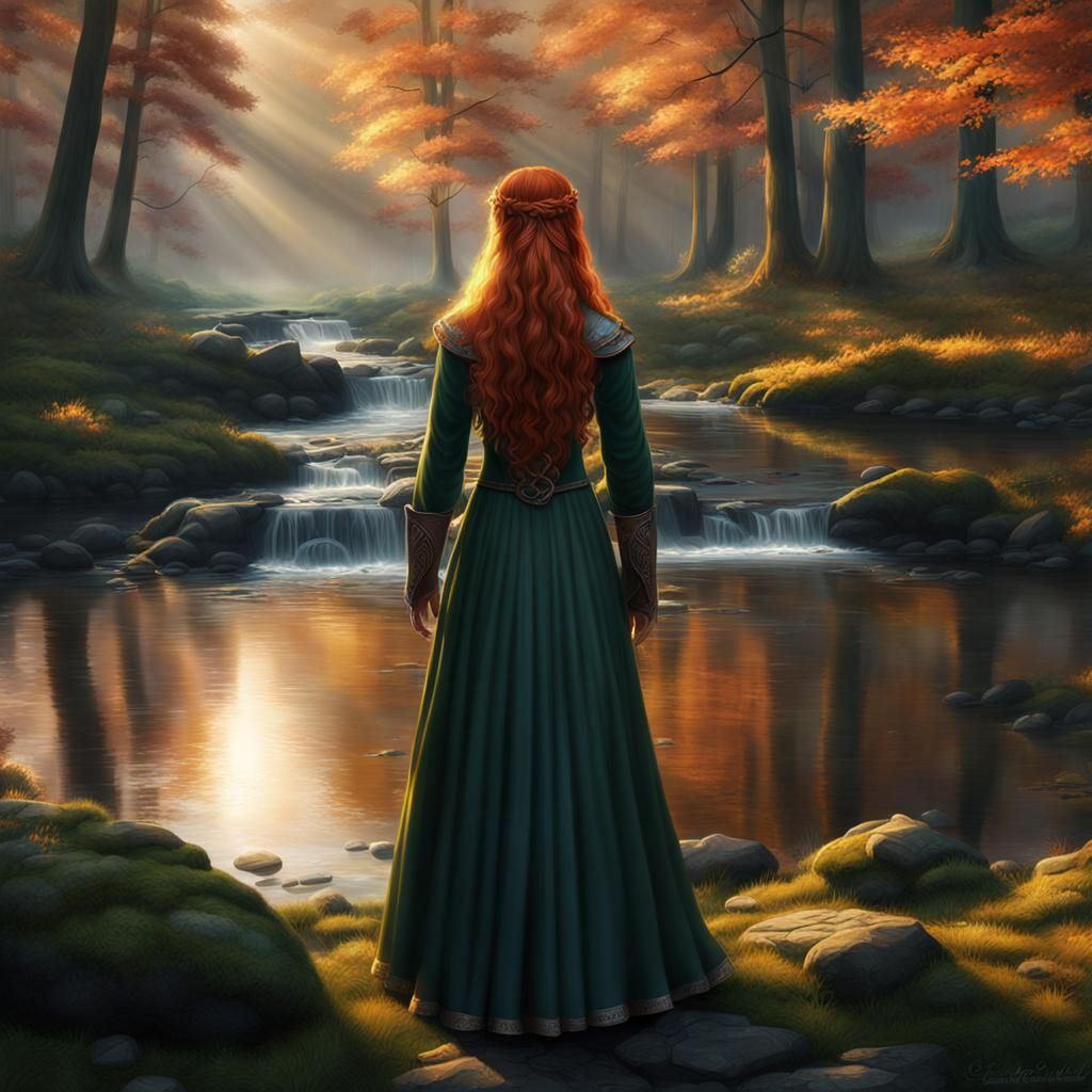 Celtic Woman in Maple Forest Sunrise Scene