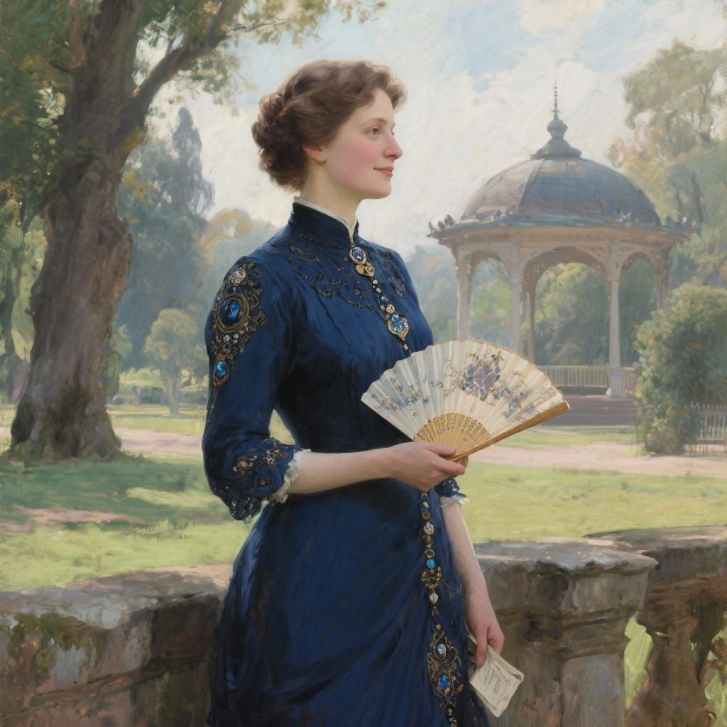 Elegant Notary in Ancient Park Holding Fan