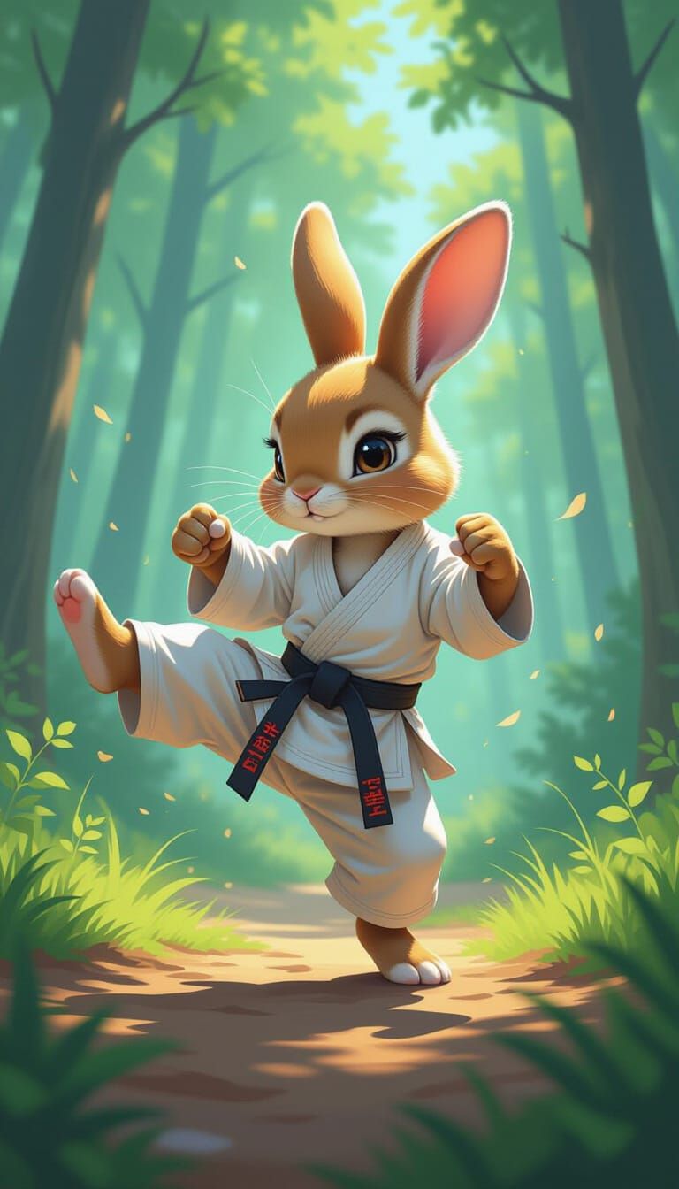 Karate Rabbit Kicks in Dreamy Forest Landscape