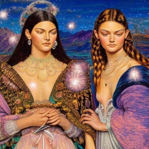 Celestial Witches: Oil Painting in Renaissance Style