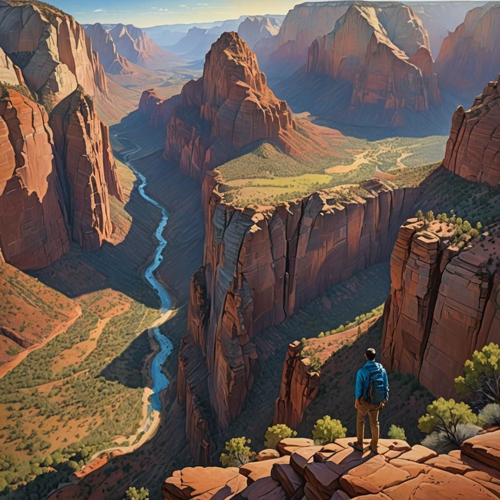 Hiker Overlooking Zion Canyon Landscape Painting