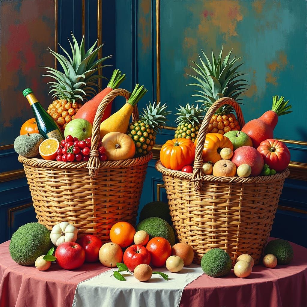 Impressionist Still Life: Overflowing Hampers in Gouache Sty...