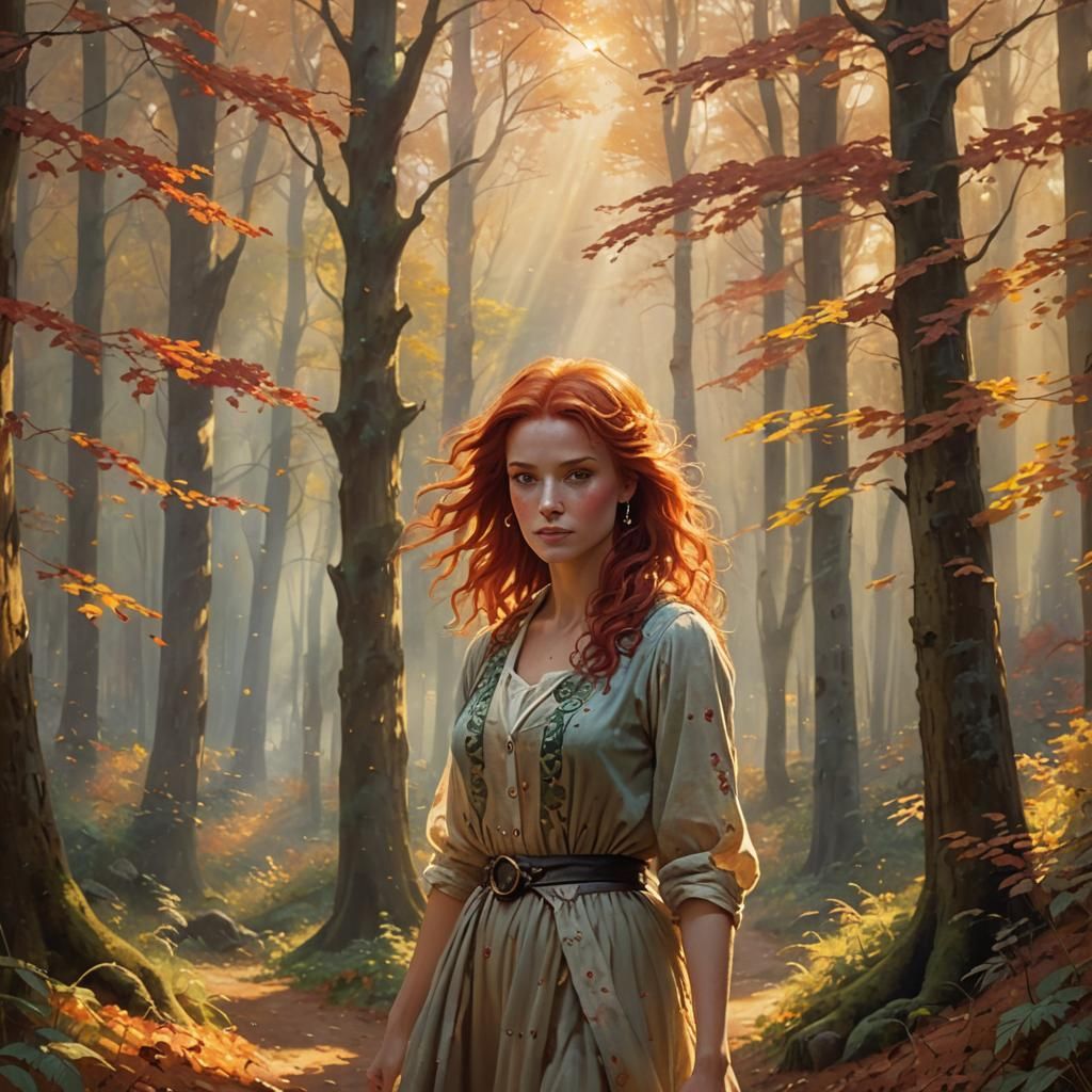 Red-Haired Woman in Autumnal Forest, Kinkade Style