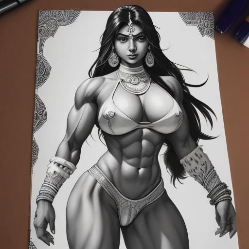 Muscular Indian Woman: Anime-Style Coloring Page