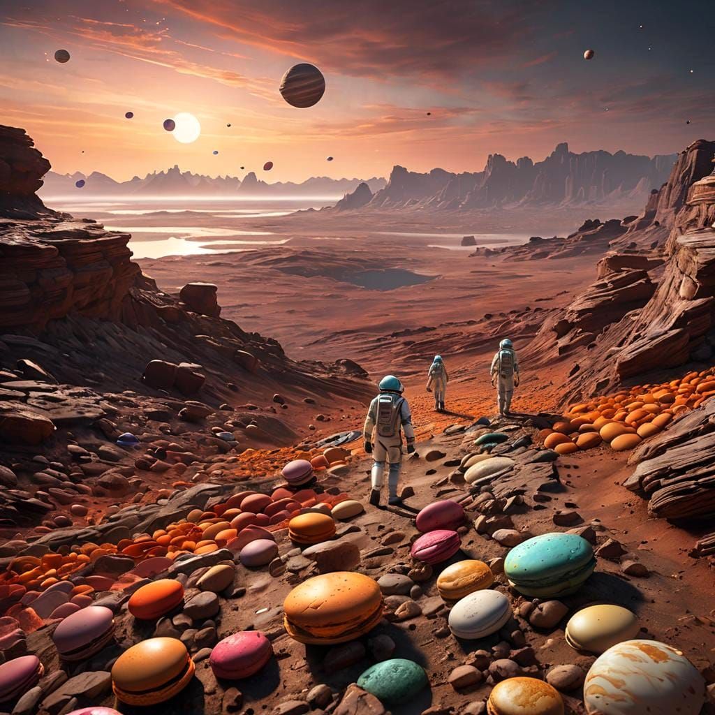 Astronauts Discover Macaroon Planet in Sci-Fi Landscape